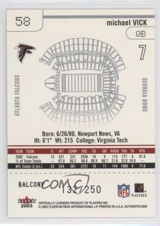 2003 Fleer Authentix Balcony /250 Michael Vick #58 - Image 2 of 2