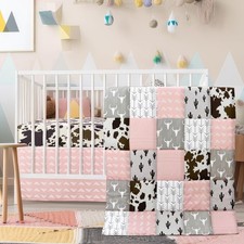 3 Piece Patchwork Western Crib Bedding Set for Boys Girls Cow Cactus Print Ba...