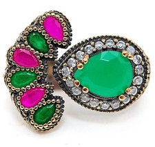 Ottoman Empire Style 4CT Treated Emerald 925 Sterling Silver Ring Sz 8 HB2-4