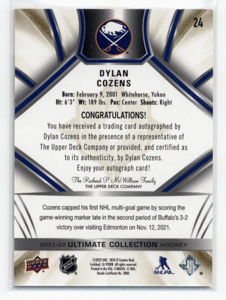 2021-22 Ultimate Collection Autographs Gold #24 Dylan Cozens Auto 16/35 - Image 2 of 2
