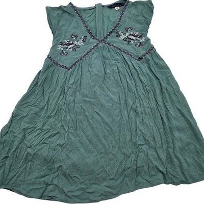 Blue Rain Babydoll Mini Dress Women XS Grn Embroidered V-Neck Boho Short Sleeve