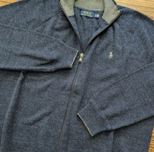 Polo Ralph Lauren Full Zip Knit Sweater Sz L Navy Blue Mock Neck Pony Logo