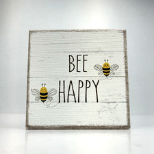Bee Happy Bees Small Wood Block Sign Farmhouse Decor 3"x3"x1" White Painted