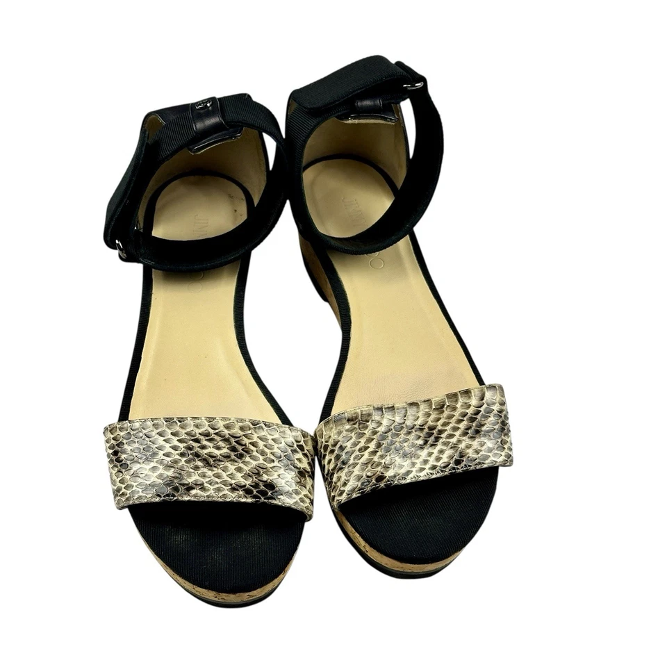 Jimmy Choo Brillo Natural Elaphe, Cuero Vachetta Negro Grosgrain Corcho Cuña 9.5 Foto 2 de 4