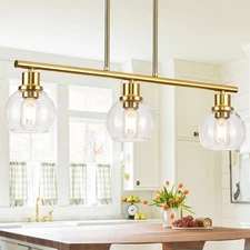 Gold Chandelier Light Fixture，3-Light Linear Chandelier for Dining Room，Kitch...