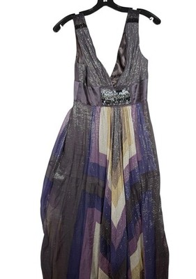 BCBGMAXAZRIA Maxi Dress Purple Metallic Chevron Beaded Empire Waist Size 0 Glam