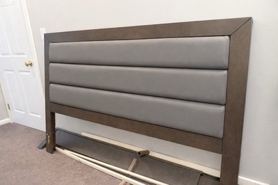 Grey Queen Bed w/ Upholstered Headboard + 2Drawer End Table   Raymour & Flanigan