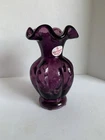 VINTAGE FENTON PURPLE AMETHYST MELON RIB & RUFFLED RIM ART GLASS VASE NICE