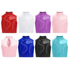 Girls Crop Top Mock Neck Vest Performance Bra Rhinestones Show Gymnastics Dance