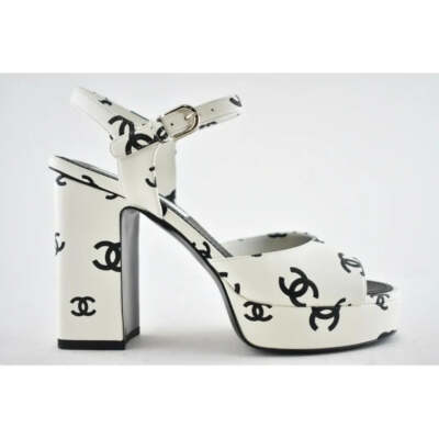 Chanel 22S White Black Lambskin CC Logo Platform Strap Block Heel
