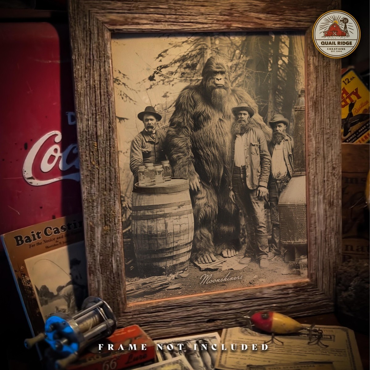 Vintage Sasquatch Bigfoot Art Print Moonshiners Deer Hunting Cabin