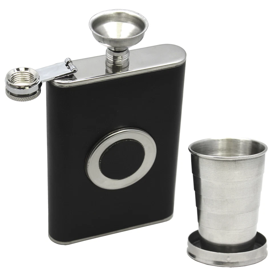 NEW 8 oz Stainless Steel FLASK  Leather Wrapped SS Funnel & Shot Glass Built In - Image 2 of 4