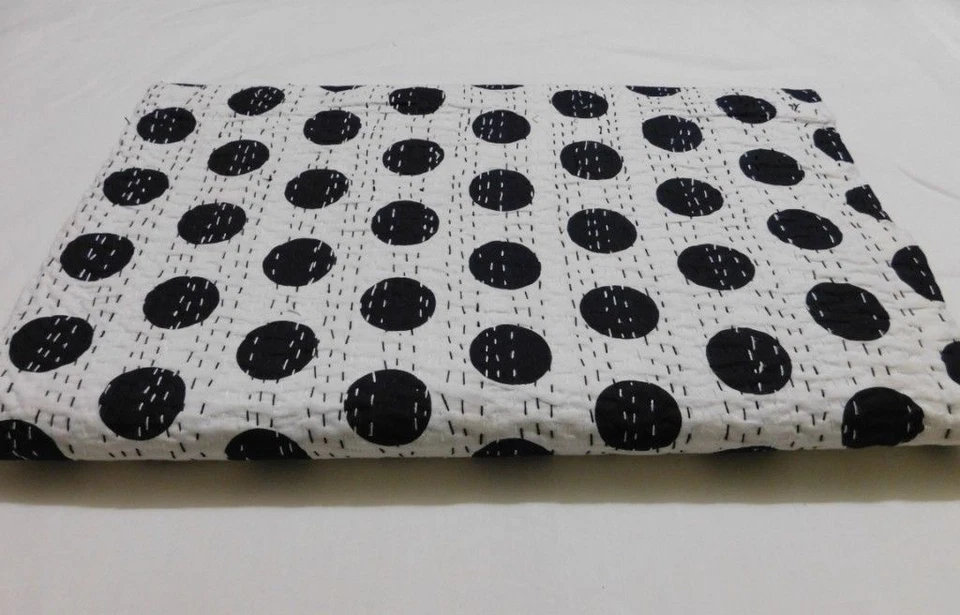 Black Polka Dot Queen Size Indian Kantha Quilt Cotton Blanket Vintage Bedspread - Image 2 of 4