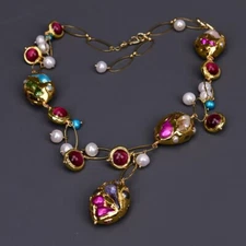 22" Freshwater Cultured White Pearl Colorful Keshi Shell Rose Tiger eye Necklace