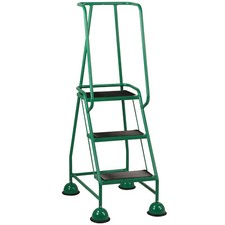 3 Tread Mobile Warehouse Steps GREEN 1.43m Portable Safety Ladder & Wheels
