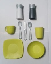 Step 2 Play Kitchen Salt & Pepper Shaker/ Grinder green bowl plate cups