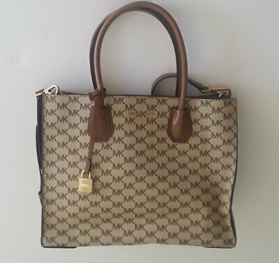 $498. Michael Kors Mott Large Satchel MK Signature Faux Leather Beige Brown Gold