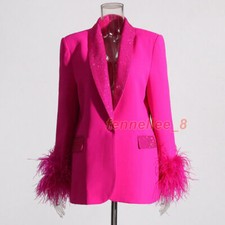 Autumn New Womens Blazer Jacket Feather Sleeved Rhinestone Suit Coats Overcoats
