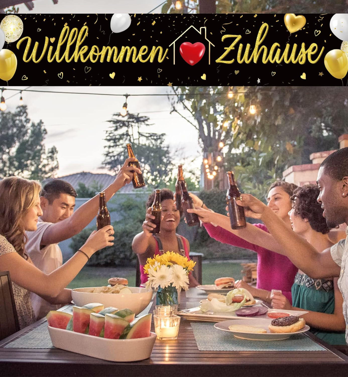 CPRNQY Welcome Home Banner – Willkommens-Deko Für Heimkehr-Party In Schwarz-Rot Mit Herzen