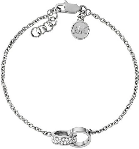 NEW MICHAEL KORS SILVER CHAIN LINK+INTER LOCKING CRYSTAL RINGS BRACELET MKJ3472