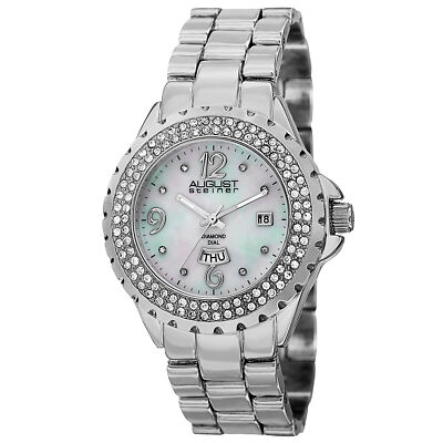 Women's August Steiner AS8156SS White MOP Day/Date Diamond Dial Silver-tone Wat