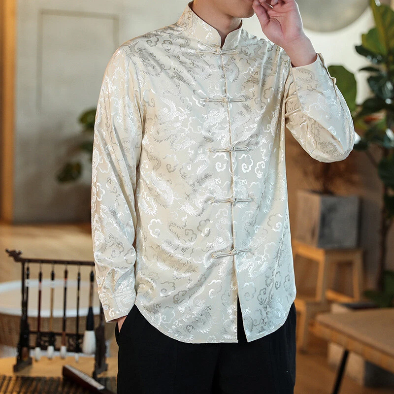 Men Mandarin Collar Shirts Collar Chinese Dress Shirt Large Size