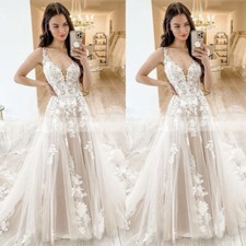 Champagne Beach Lace Wedding Dresses Deep V Neck A Line Sleeveless Bridal Gowns