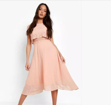 MIDI Dress Pink Blush Skater prom Lace Top Chiffon UK10 Short sleeves BOOHOO 