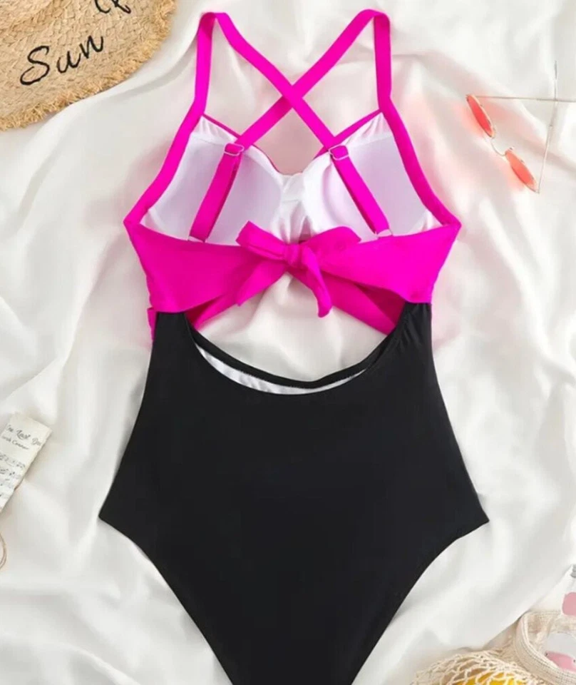 Traje de baño de una pieza elástico recortado en bloques de colores para mujer lazo cruzado Foto 3 de 4