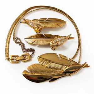 Authentic Vintage 1980 Givenchy Bijoux Gold Plated Feather Necklace & Earrings Set France