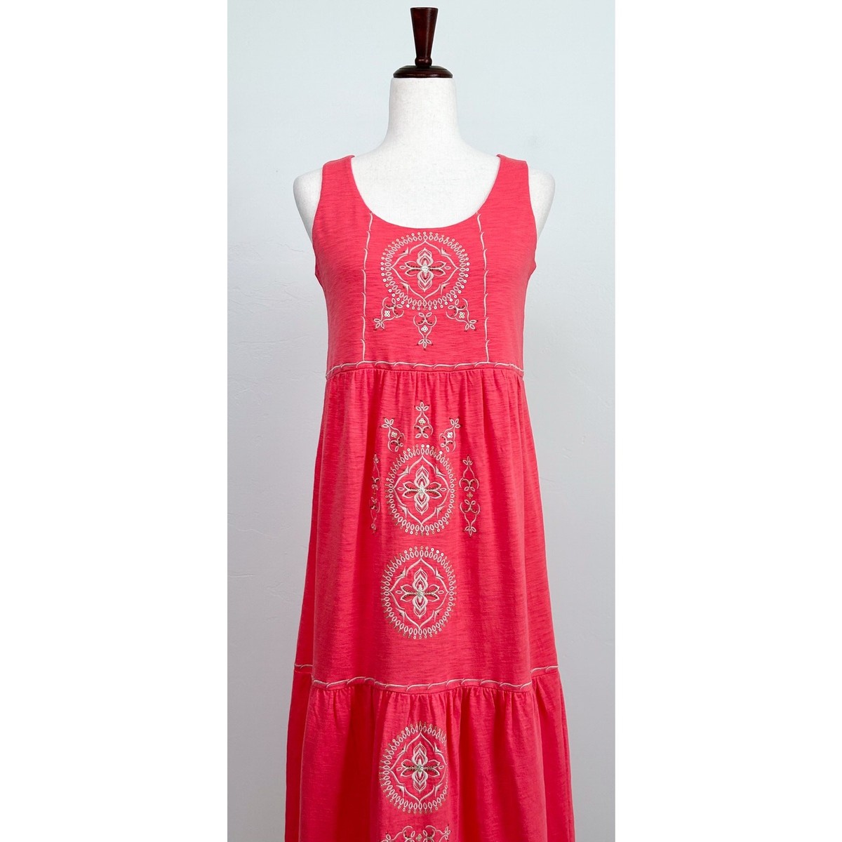 J. Jill XS Coral Embroidered Scoop Neck Sleeveless Tiered Summer Maxi Dress  NWT