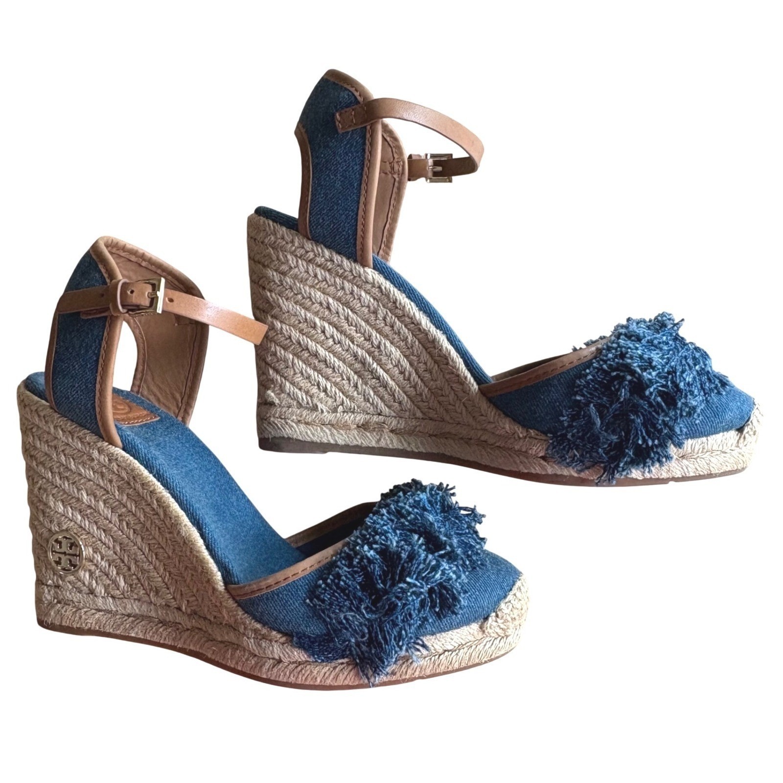 $350 NWOB TORY BURCH Isle Denim Fringed Espadrille Rope Wedge Heel Sandals SZ 10