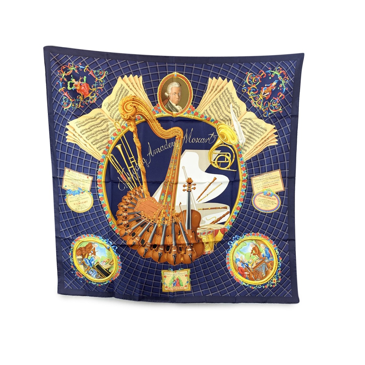 Authentic Hermes Vintage Blue Silk Scarf Hommage a Mozart 1991