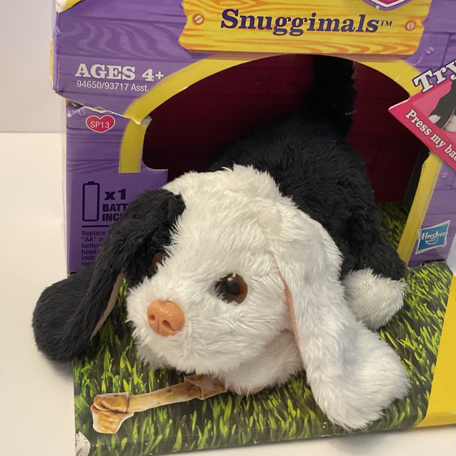 NEW Snuggimals Puppy Plush FurReal Friends Hasbro 2009 Black & White New Working