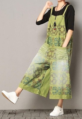 Flygo Vintage Baggy Floral Wide Leg Overalls Green Boho Lagenlook Art To Wear XL