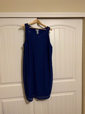 Catherine's Lace Sun Dress 2X 22/24W Beaded Neckline Sleeveless Lined Royal Blue