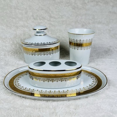 Vtg Regal Gold Vanity Set White Porcelain Hollywood Regacy André Richard Japan