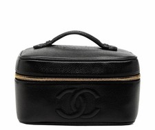 Authentic CHANEL Vintage Black Caviar Vanity Case Bag Cosmetic With Box Dustbag