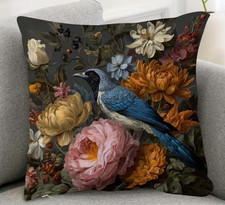 Blütenrausch Kissen Bezug Samt 60 cm floral Vogel Blumen Cottage Deko Drossel