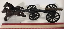 Vintage Cast Iron Cannon On Cart Pulled By 2 Horses