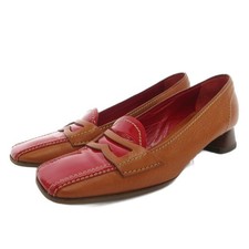 Prada Pumps Chunky Heel Square Toe Enamel Leather Brown Red Women Size EU35/US5
