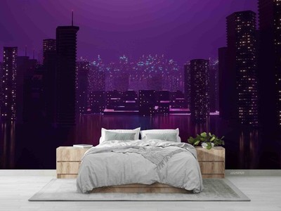 3D Night City Purple Sky Self-adhesive Removeable Wallpaper Wall Mural