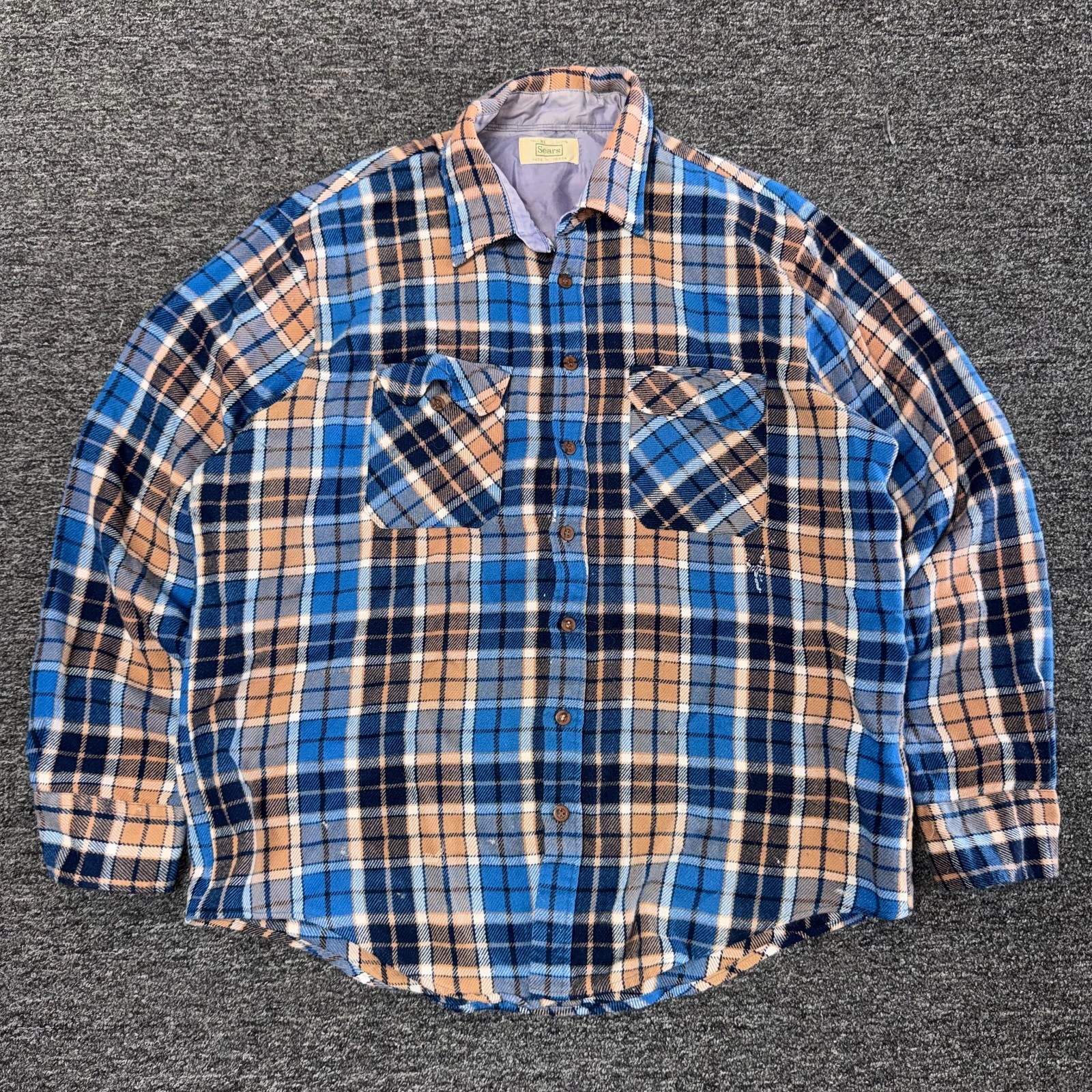 Vintage 70s SEARS Flannel Outdoors Workwear Button Shirt Mens Sz XL Blue Lined