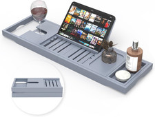 Foldable Bathtub Tray - Expandable Bamboo Bath Caddy Tray for Tub - Luxury Wood