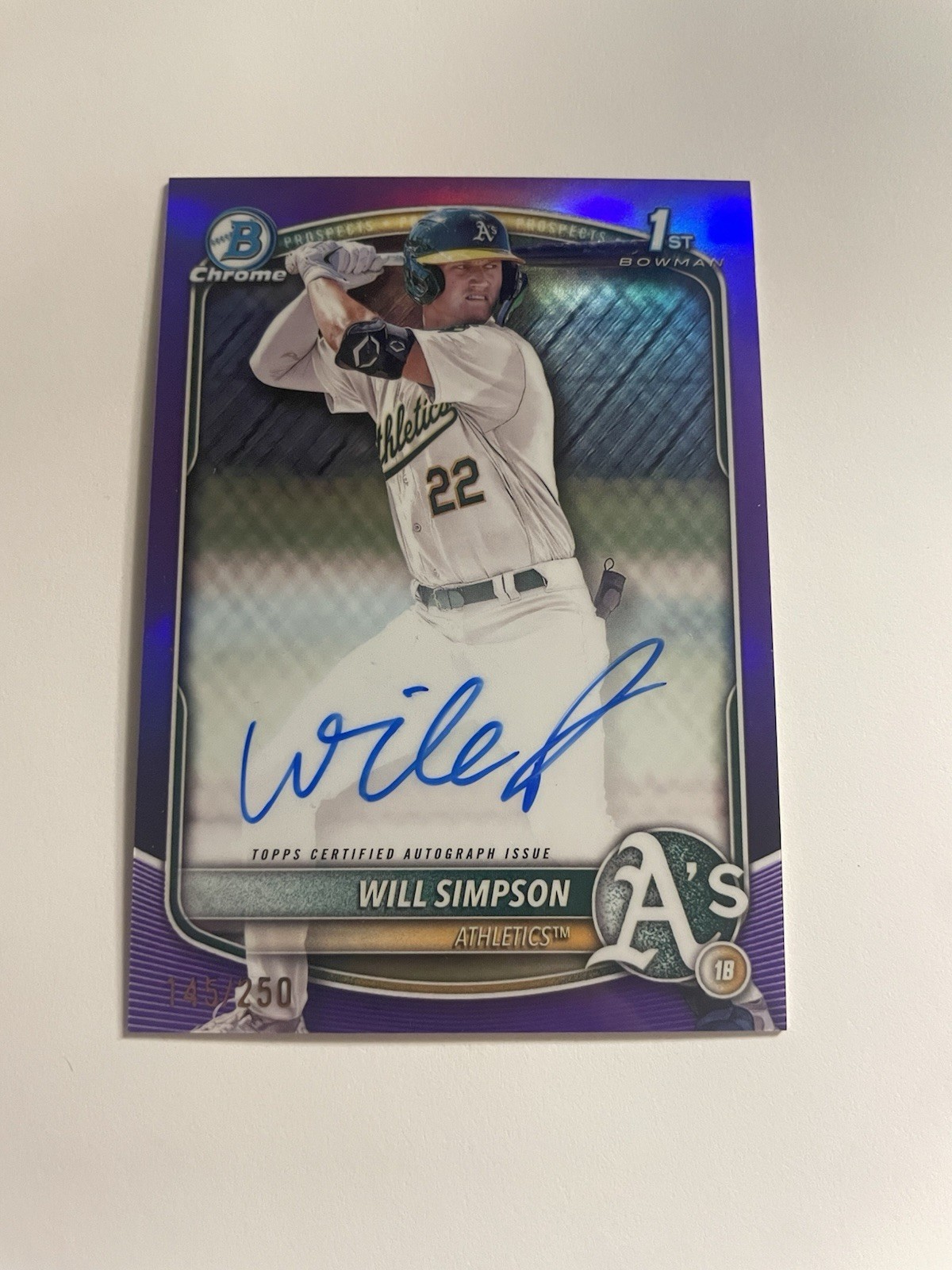 2025 Bowman Will Simpson 1st Chrome Prospect Auto True Purple  #d/250 Athletics