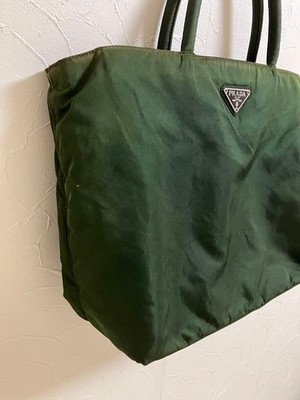 Auth PRADA Tote Bag Handbag Dark Green Triangular Logo Tessuto