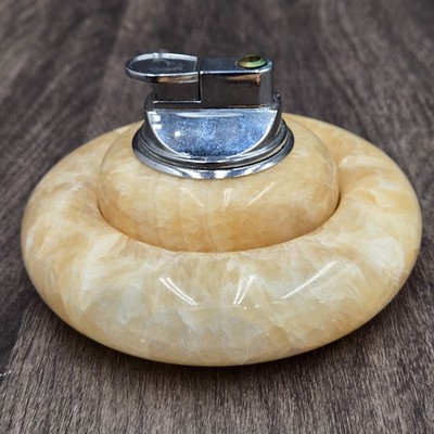 Vintage Onyx Marble Ashtray Lighter Set Round Smoking Tobacciana
