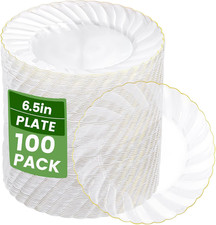 100 Pack Clear Gold Plastic Plates - 6.5 Inch Clear Disposable Plates with Gold