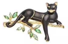 Napier Black Panther Pin Brooch Cougar Rhinestone Leaves Gold Tone Limb w Box