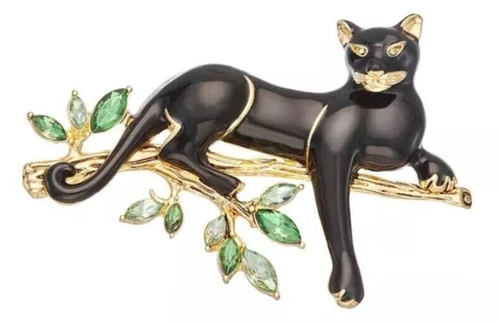 Napier Black Panther Pin Brooch Cougar Rhinestone Leaves Gold Tone Limb w Box